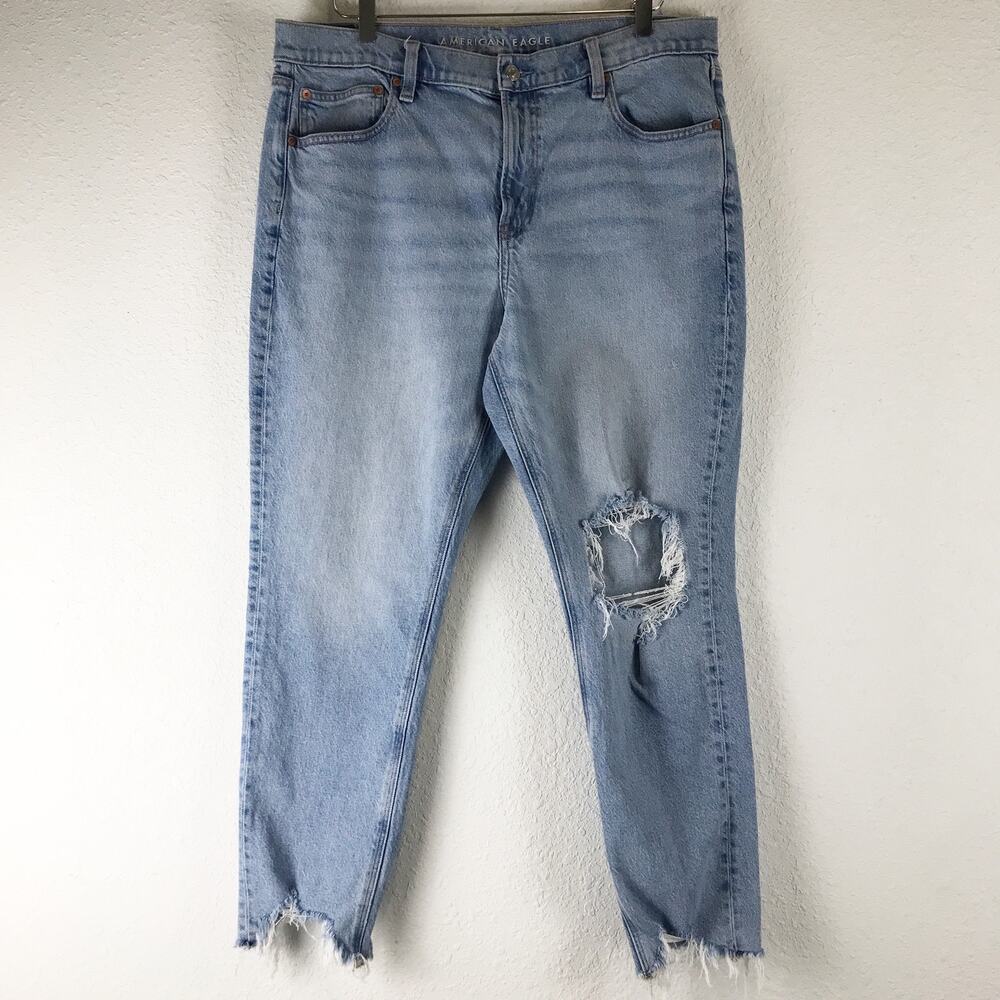 American Eagle '90s Skinny Jeans Light Wash Raw Hem Distressed Denim 16 Short
